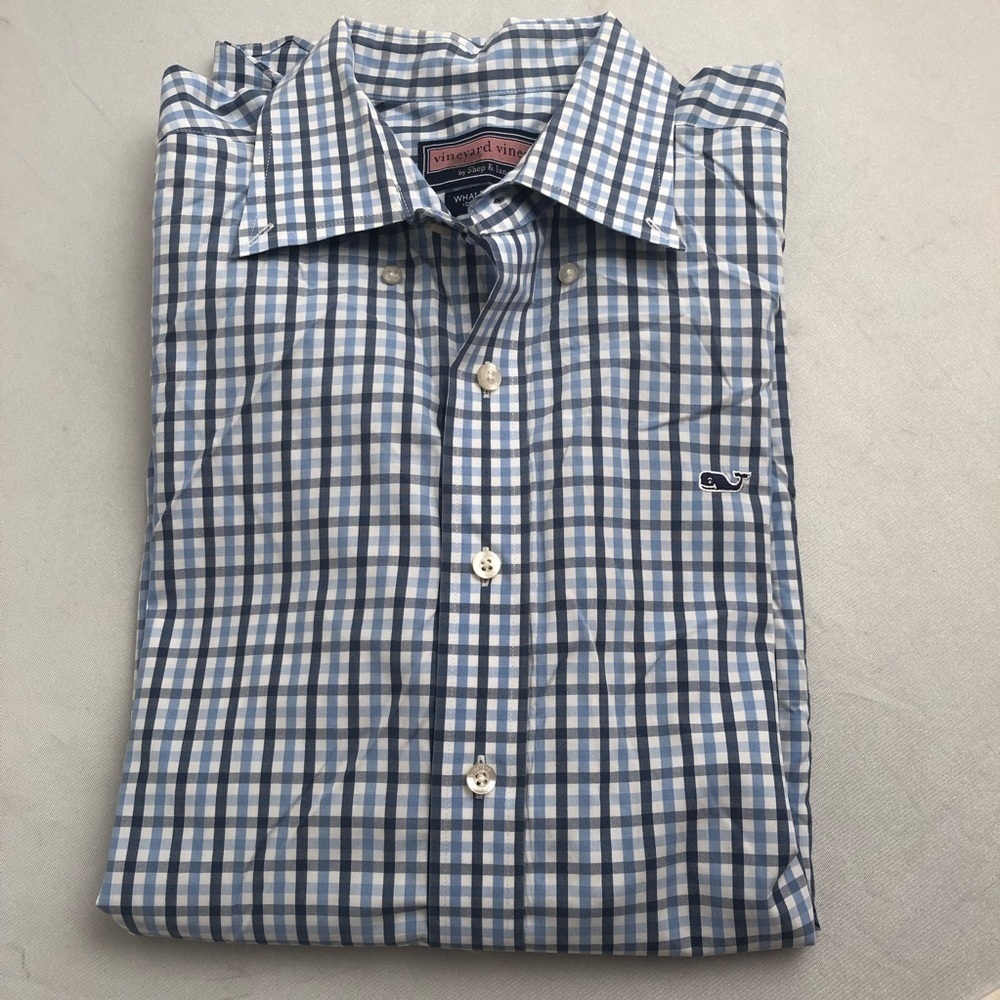 Vineyard Vines navy blue check button down shirt